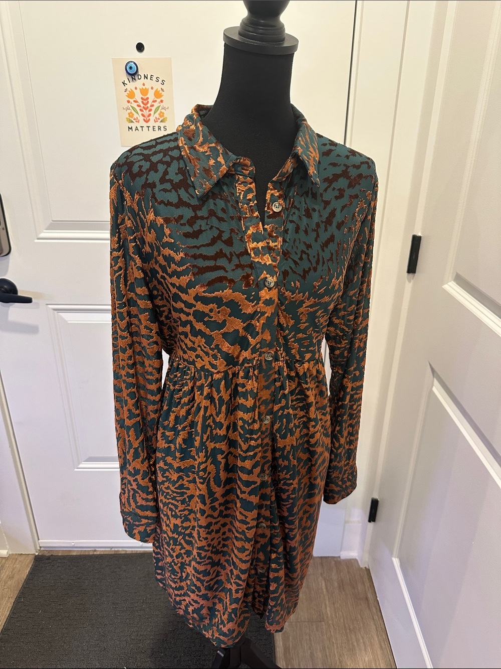 Long-Sleeve Green and Rust Printed Button-Front Dress
